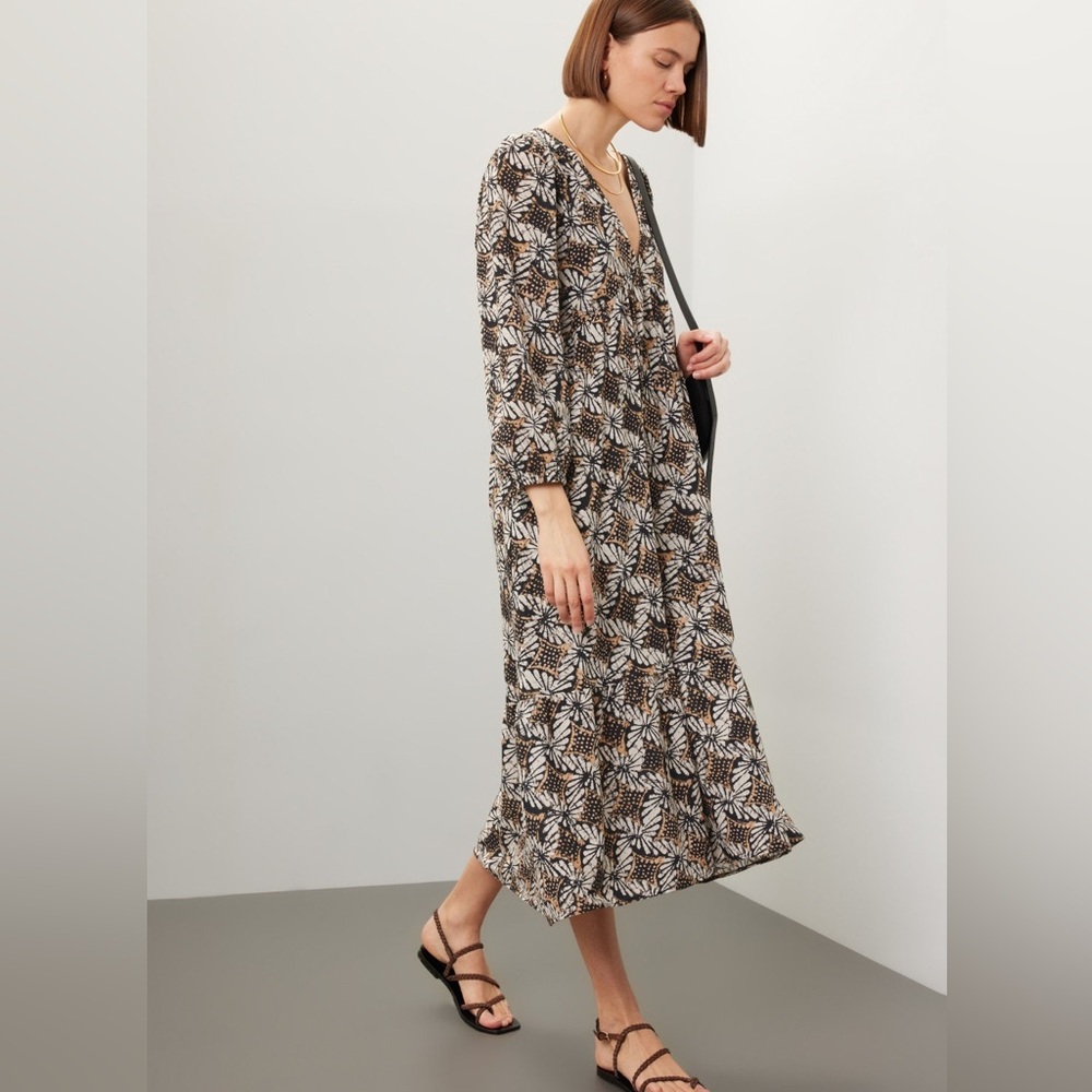 Xirena Ella Abstract Floral Cotton Midi Dress Black / Brown Color Size SMALL